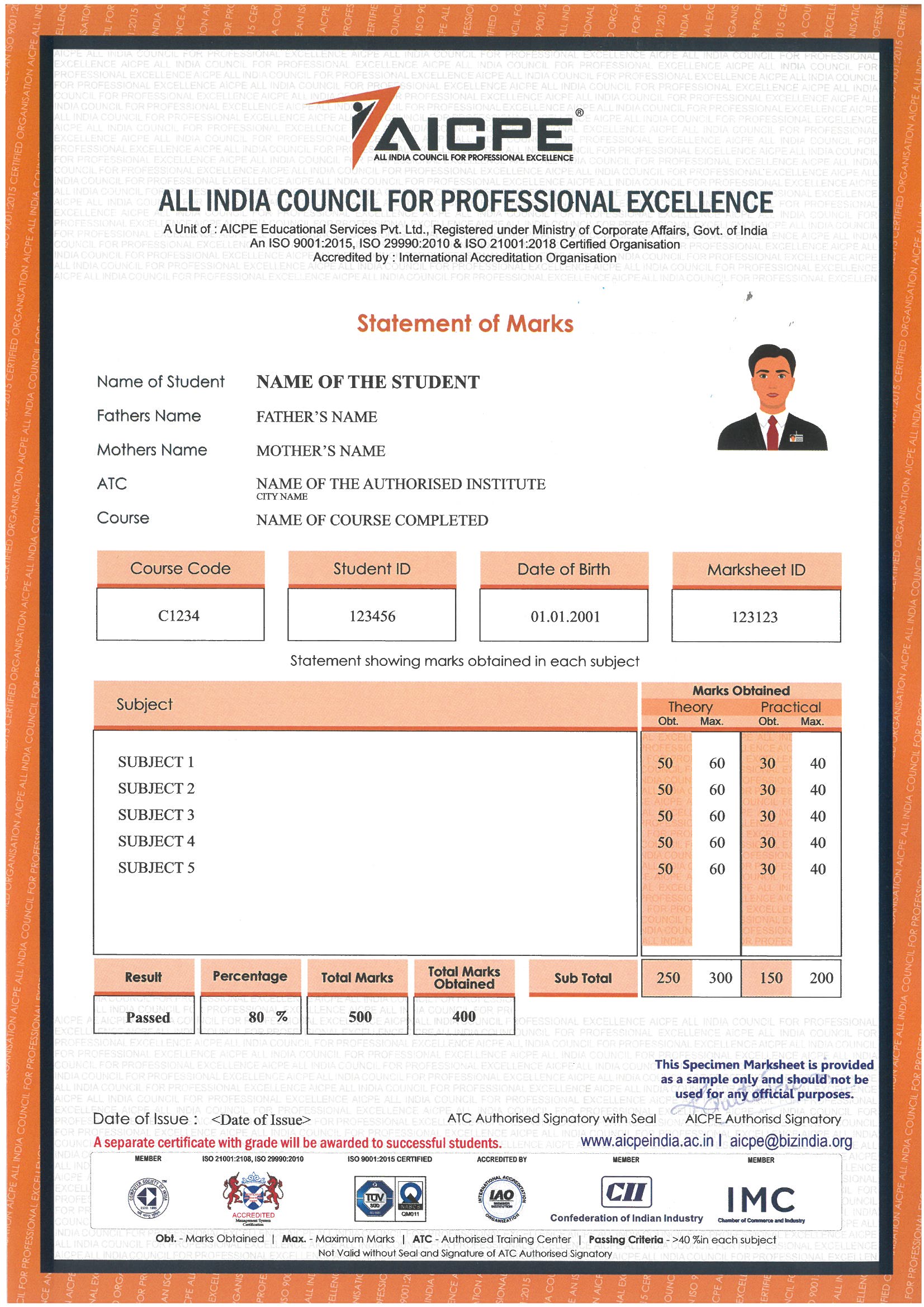 AICPE Course Completion Marksheet - Sample