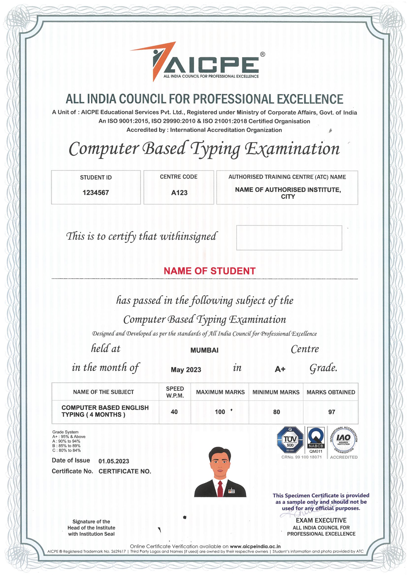 AICPE Computerized Typing Course Completion Certificate - Sample